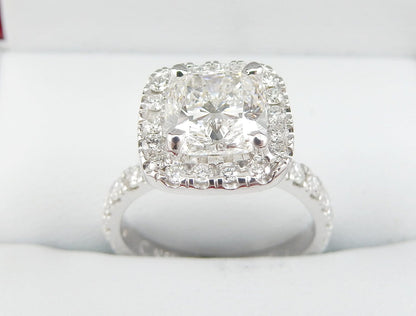 19K White Gold 1.71 CTW Cushion Cut Halo Pavé Band Diamond Engagement Ring-diamondnetjewellery