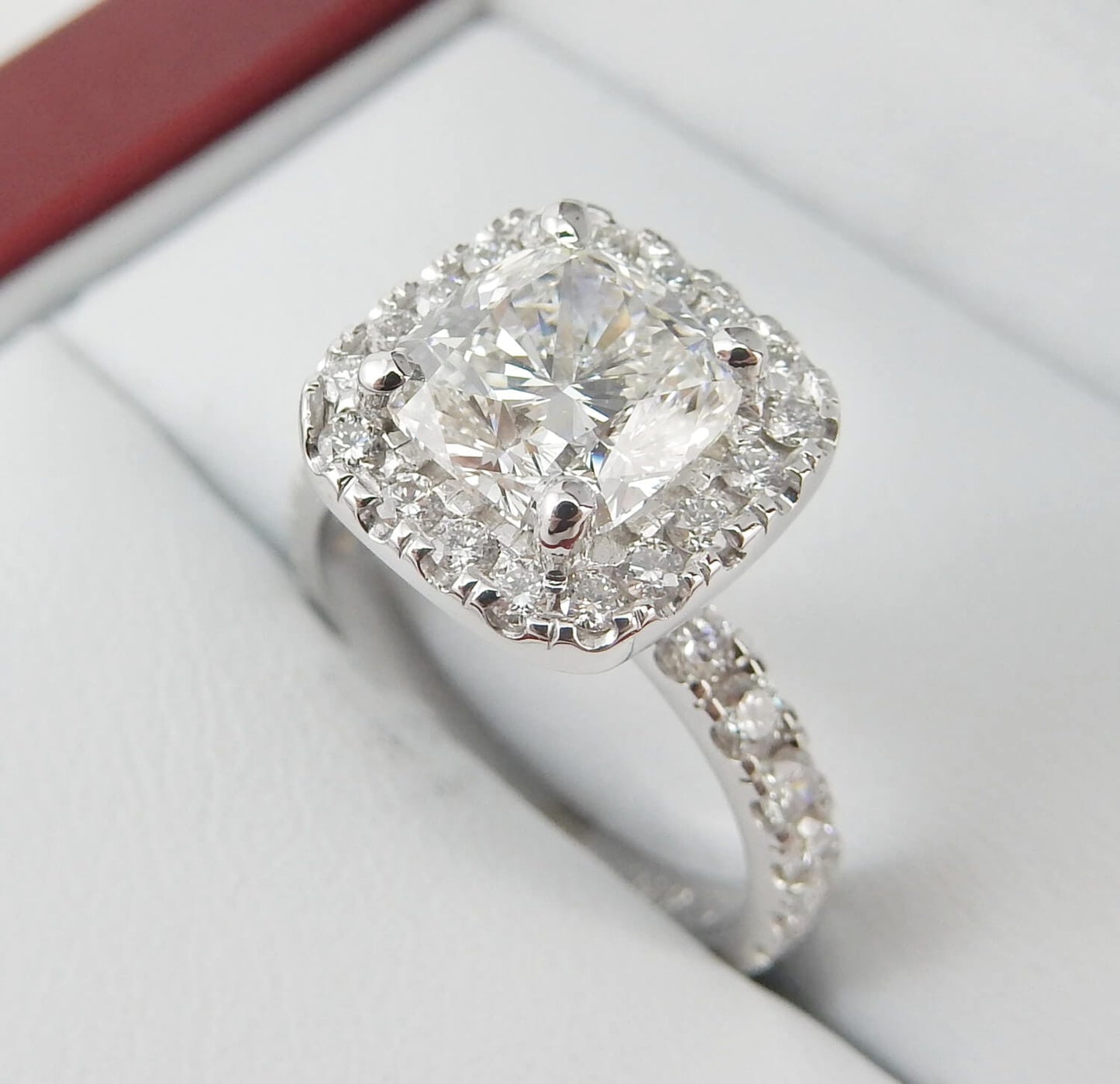 19K White Gold 1.71 CTW Cushion Cut Halo Pavé Band Diamond Engagement Ring-diamondnetjewellery