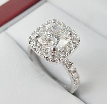 19K White Gold 1.71 CTW Cushion Cut Halo Pavé Band Diamond Engagement Ring-diamondnetjewellery