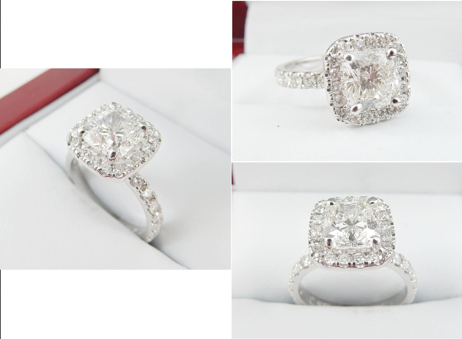 19K White Gold 1.71 CTW Cushion Cut Halo Pavé Band Diamond Engagement Ring-diamondnetjewellery