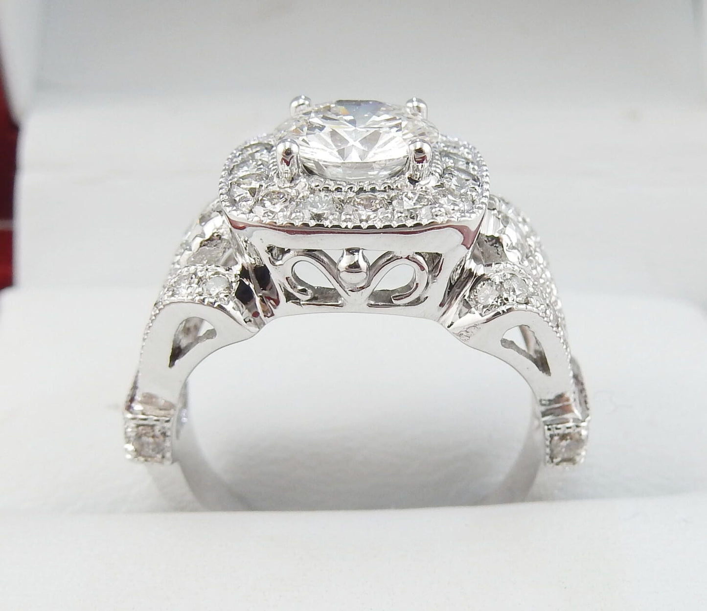 19K White Gold 1.02 CTW Round Brilliant Halo Split-Shank Pavé Diamond Engagement Ring