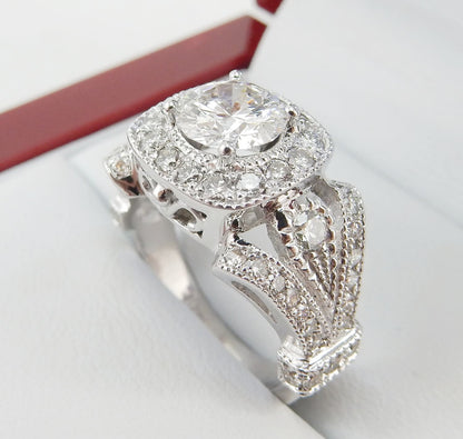 19K White Gold 1.02 CTW Round Brilliant Halo Split-Shank Pavé Diamond Engagement Ring