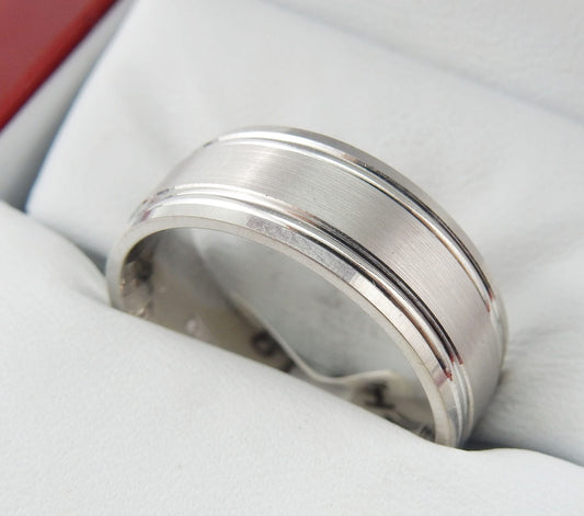 10K White Gold 8mm Men’s Wedding Band with Double Milgrain Edges & Brushed Center