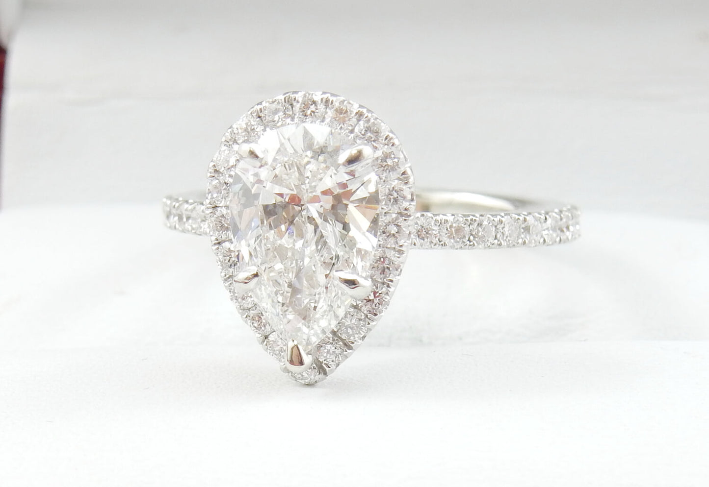 19K White Gold 1.51 CTW Pear Halo Pavé Band Diamond Engagement Ring