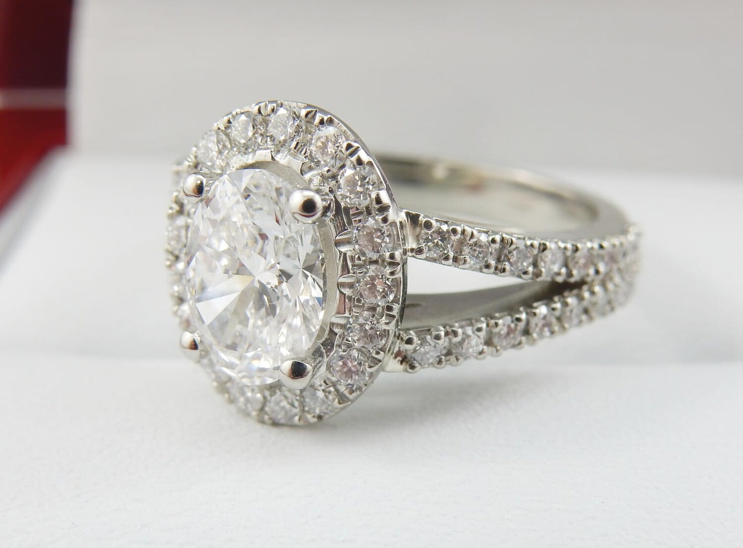 19K White Gold 1.70 CTW Round Brilliant Invisible Halo Pavé Band Diamond Engagement Ring