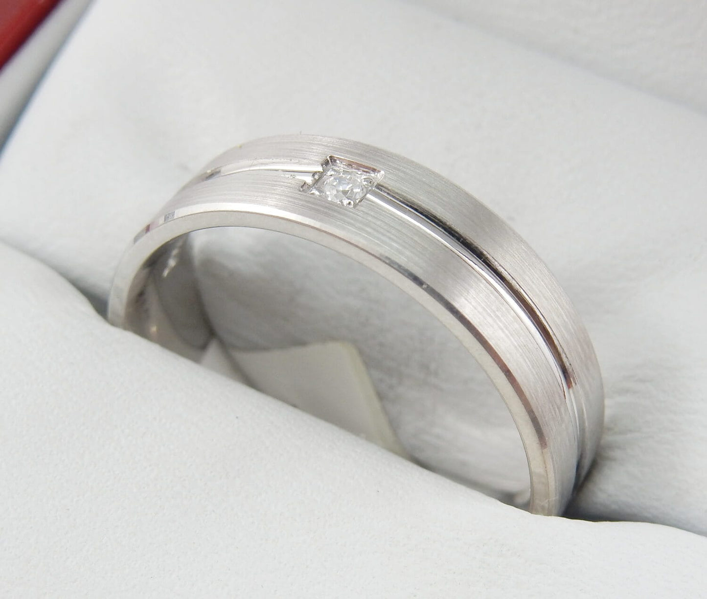 10K White Gold 8mm Men’s Wedding Band with Brushed Finish & Princess-Cut Diamond Accent Band