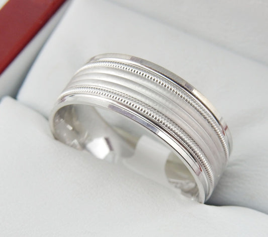 10K White Gold 8mm Triple-Milgrain Men’s Wedding Band