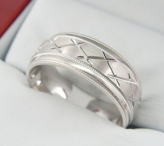 10K White Gold 6mm Diamond-Cut Crosshatch Men’s Wedding Band