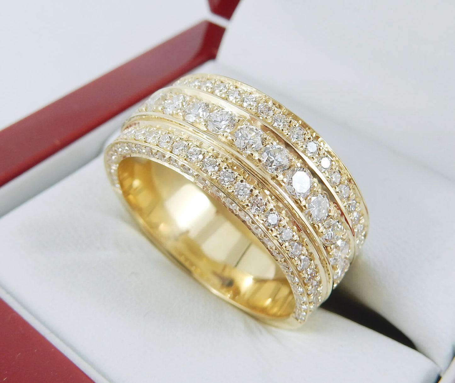 18K Yellow Gold 10mm 3.00 CTW Triple-Row Pave Diamond Men’s Wedding Band
