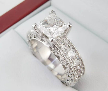 19K White Gold 2.00 CTW Princess-Cut Diamond Milgrain Engagement Ring