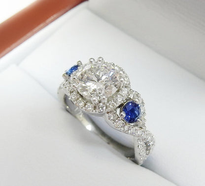 19K White Gold 1.01 CTW Diamond & Sapphire Halo Twist Engagement Ring