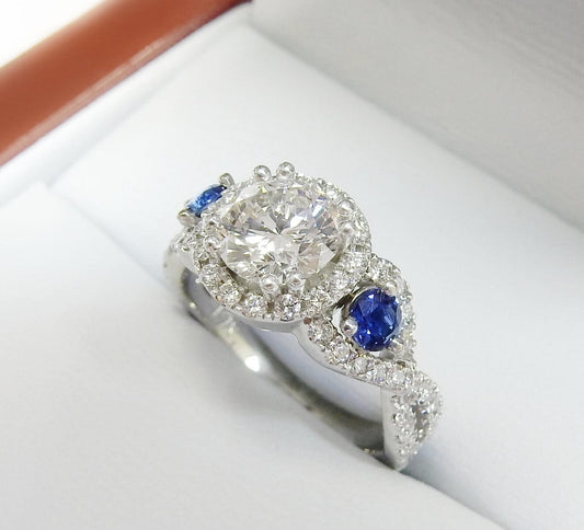 19K White Gold 1.01 CTW Diamond & Sapphire Halo Twist Engagement Ring