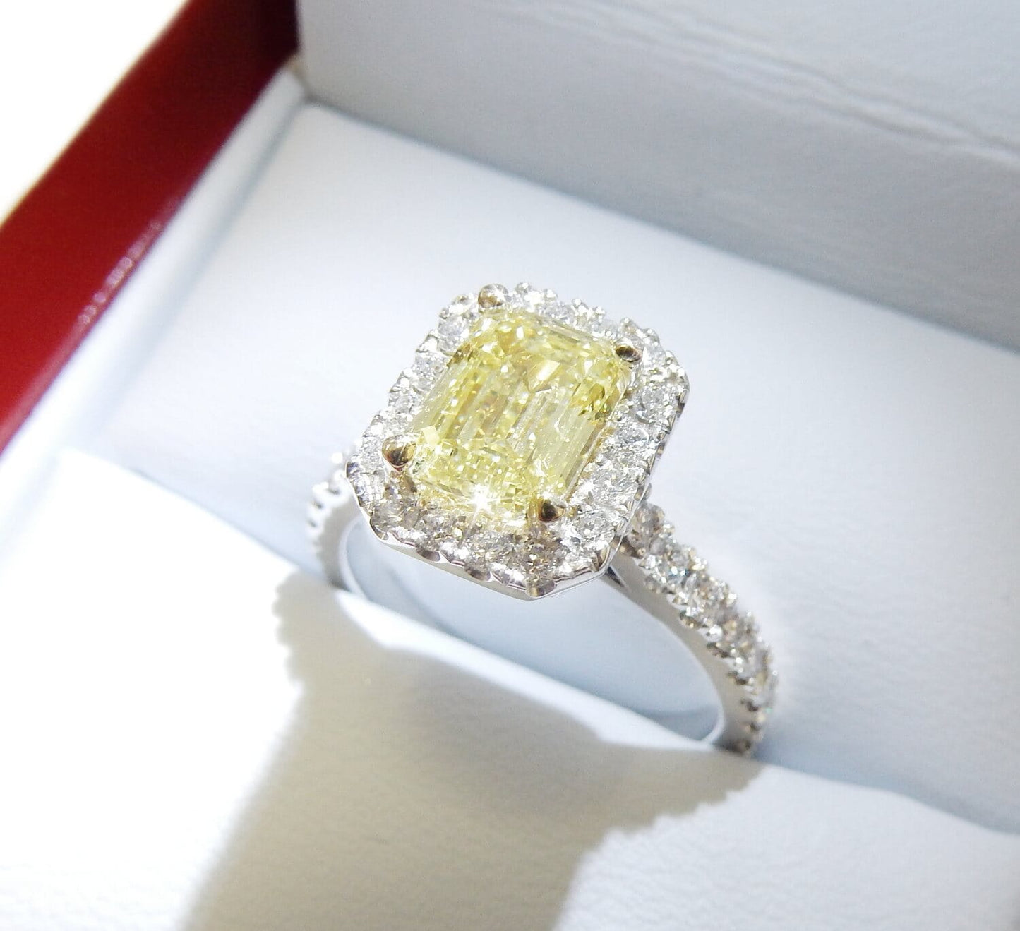 18K White Gold 1.53 CTW Light Yellow Emerald Cut Diamond Halo Engagement Ring