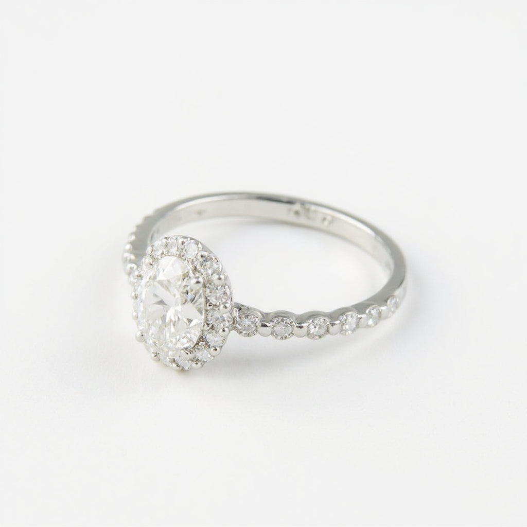 19K White Gold 1.52 CTW Oval Halo Pavé Band Diamond Engagement Ring