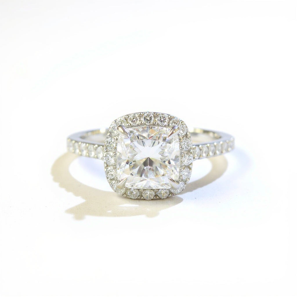 19K White Gold 1.50 CTW Cushion Halo Diamond Engagement Ring-diamondnetjewellery