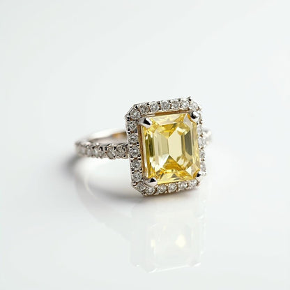 18K White Gold 1.53 CTW Light Yellow Emerald Cut Diamond Halo Engagement Ring
