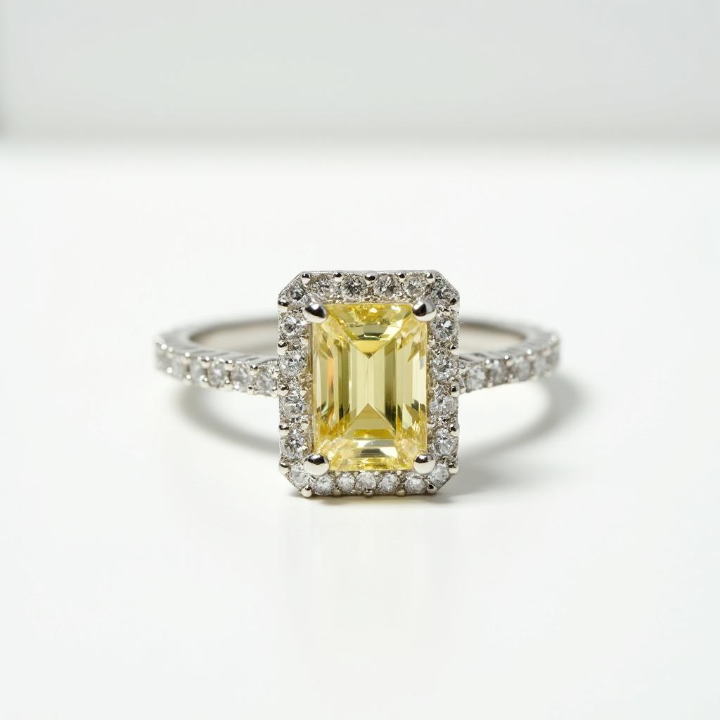 18K White Gold 1.53 CTW Light Yellow Emerald Cut Diamond Halo Engagement Ring