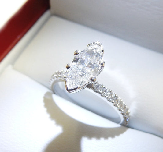 19K White Gold 0.70 CTW Marquise Micro-Pavé Diamond Engagement Ring