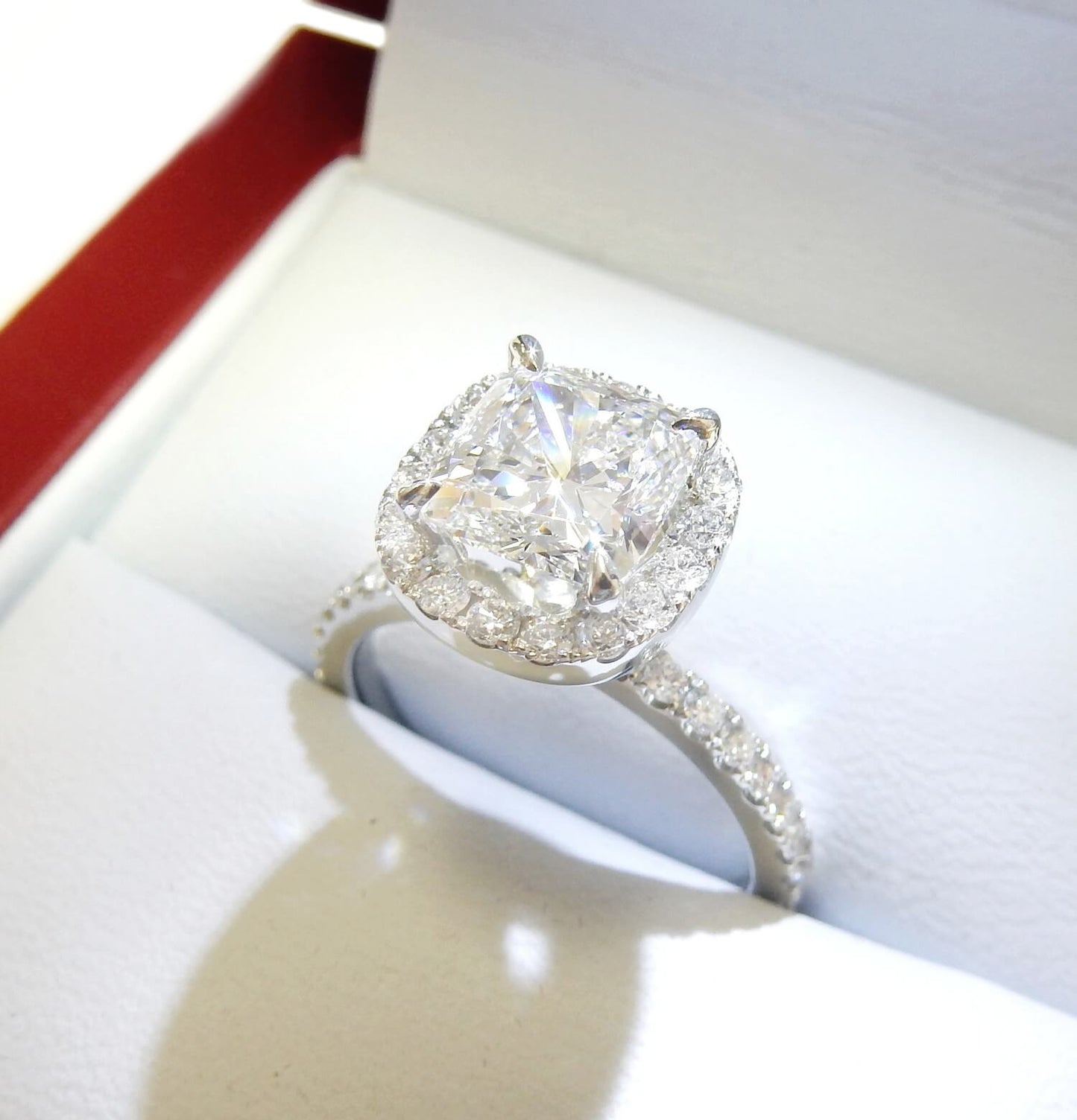 19K White Gold 1.50 CTW Cushion Halo Diamond Engagement Ring-diamondnetjewellery