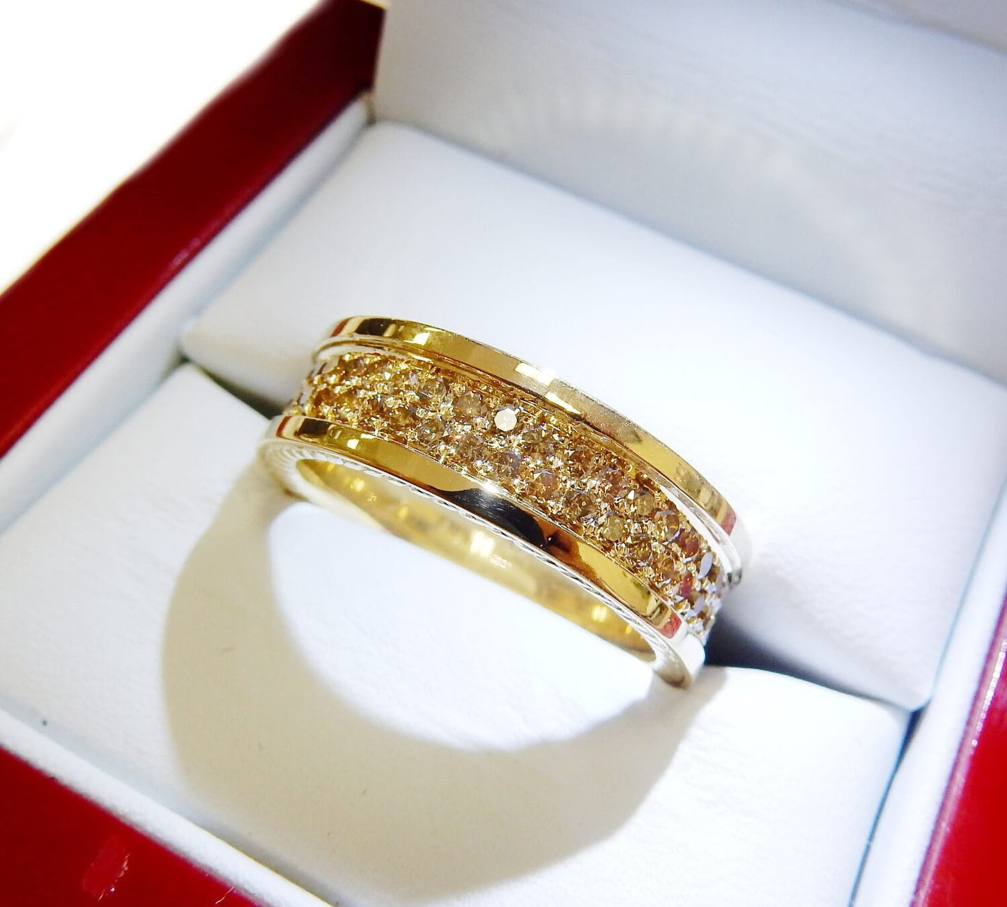 18K Yellow Gold Cognac Diamond Pave Men’s Wedding Band