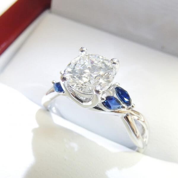 Diamond sapphire leaves white gold engagement ring