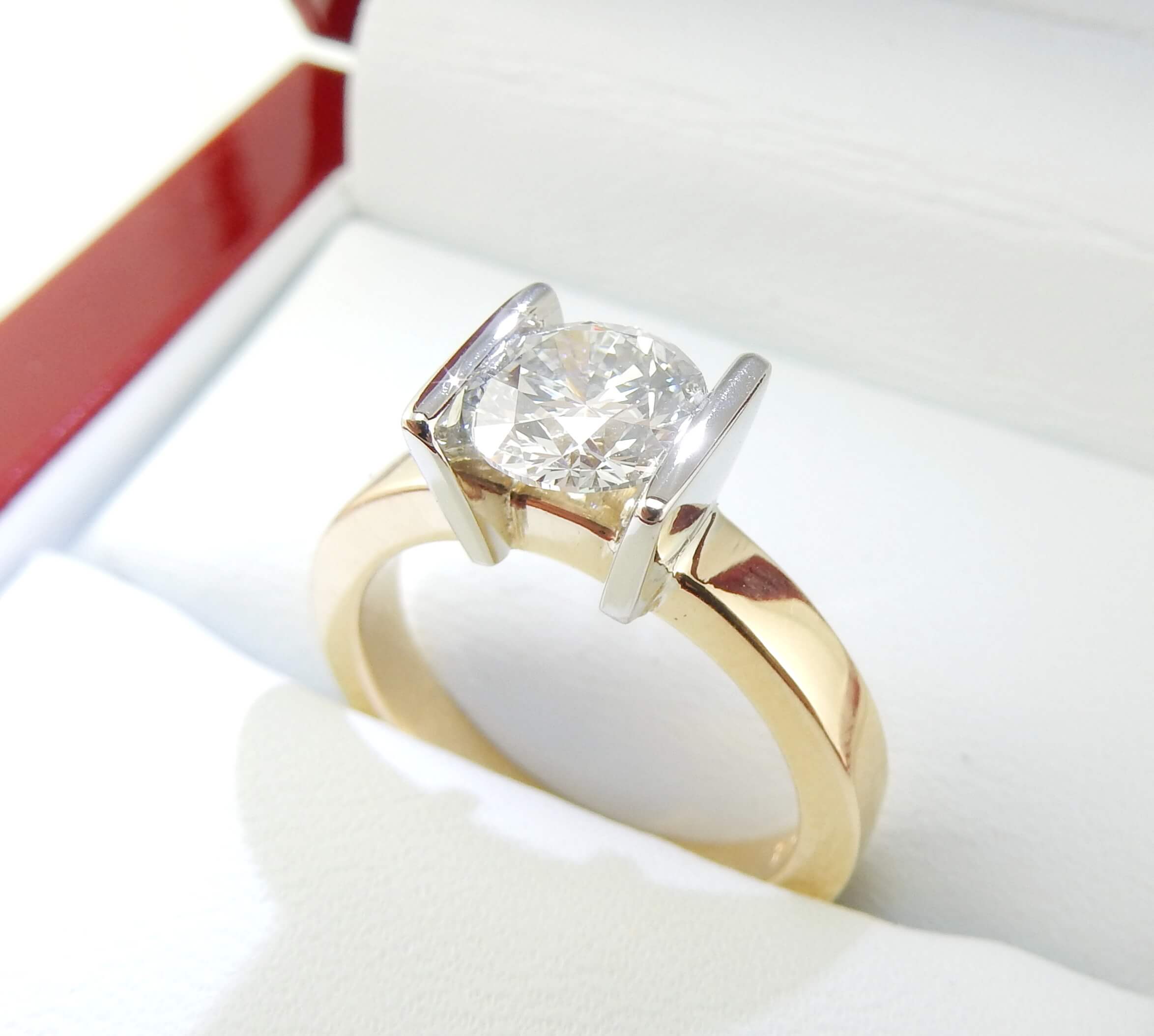 Sample Sale Ready to ship-White Sapphire Channel Tension set Engagement Ring,  Solitaire, Thick band, 1ct, 6mm, Silver Rhodium