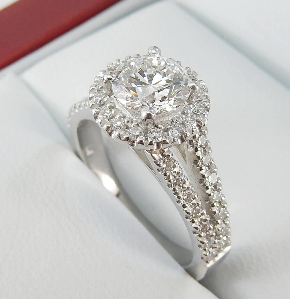 platinum split shank halo diamond engagement ring