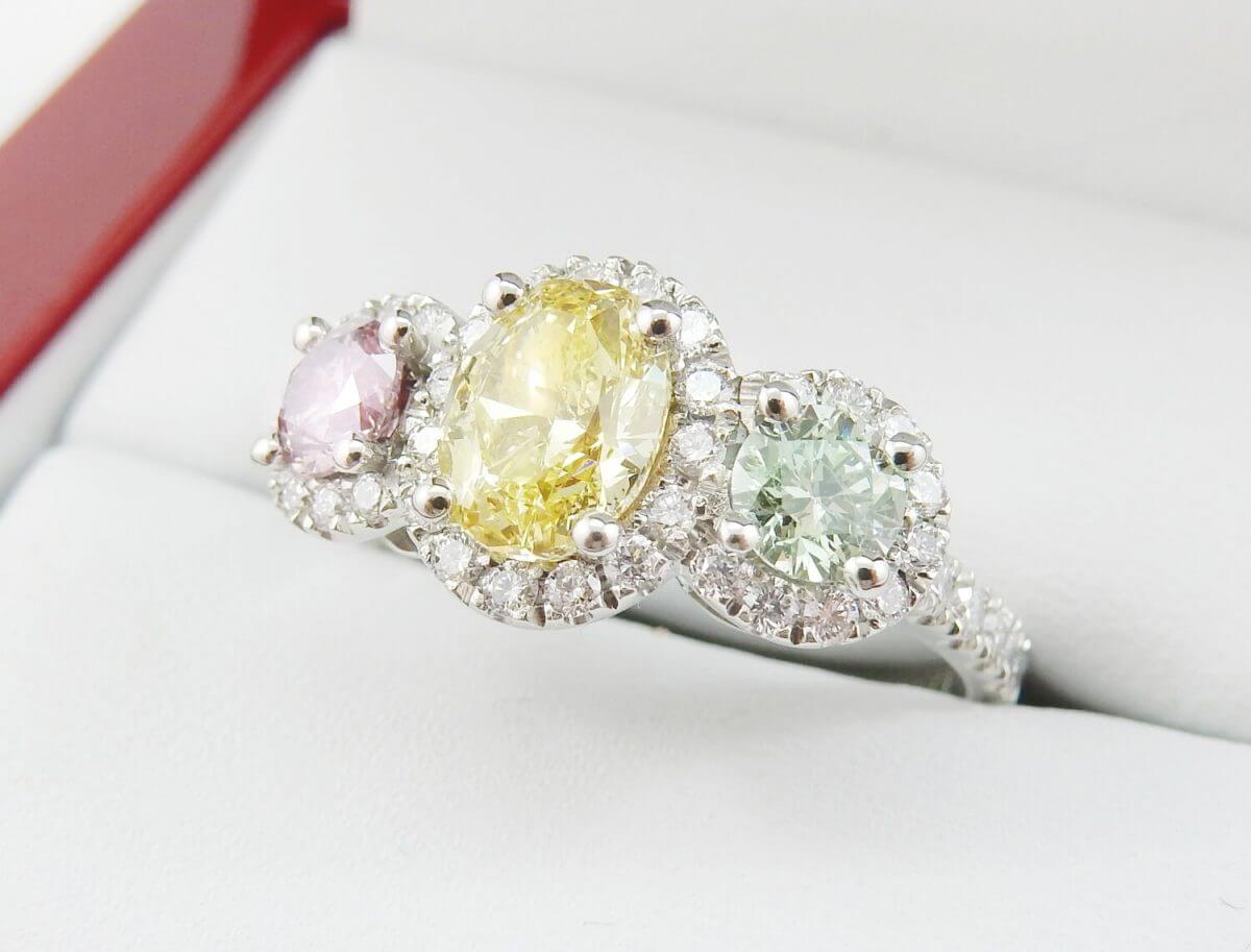 Fancy-Color-GIA-Diamond-Fancy-Intense-Yellow-Fancy-Pink-Fancy-Green-Diamond-Three-Stone-Halo-Ring-DiamondNet.ca