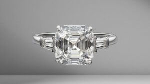 An engagement ring with an Asscher cut diamond