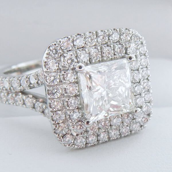 1.53ct Princess Diamond with Double Diamond Halo and Split-Shank Ring