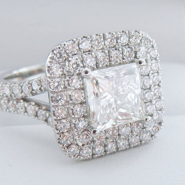 1.53ct Princess Diamond with Double Diamond Halo and Split-Shank Ring