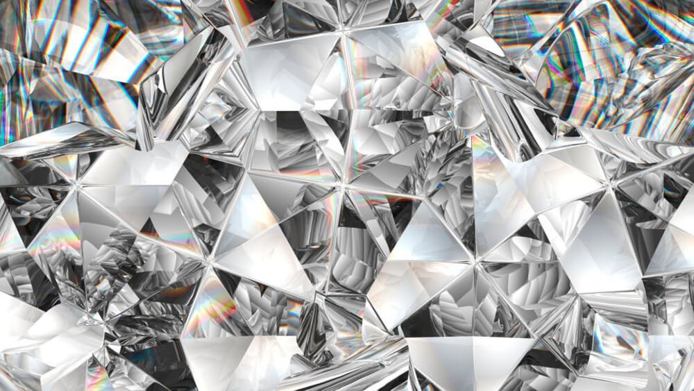 Diamond texture closeup and kaleidoscope top view of round gemstone