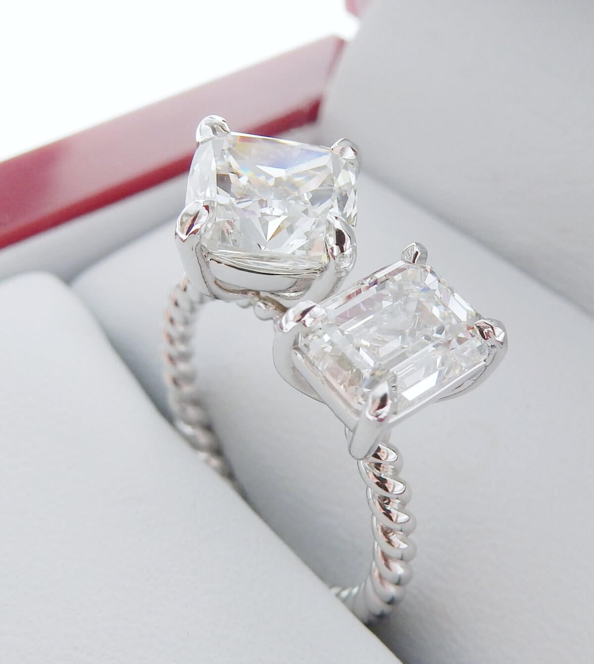 Two-Diamond-Engagement-Ring-Cushion-Emerald-diamond-GIA-DiamondNet.ca