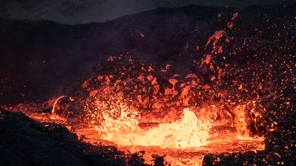 Volcano eruption lava flow in Iceland