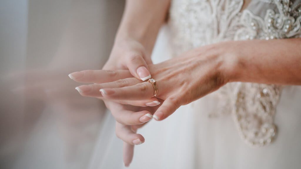 Bride puts a wedding ring on her finger