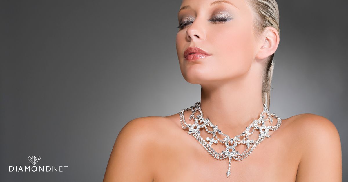 A celebrity wearing a diamond collar necklace at a formal event